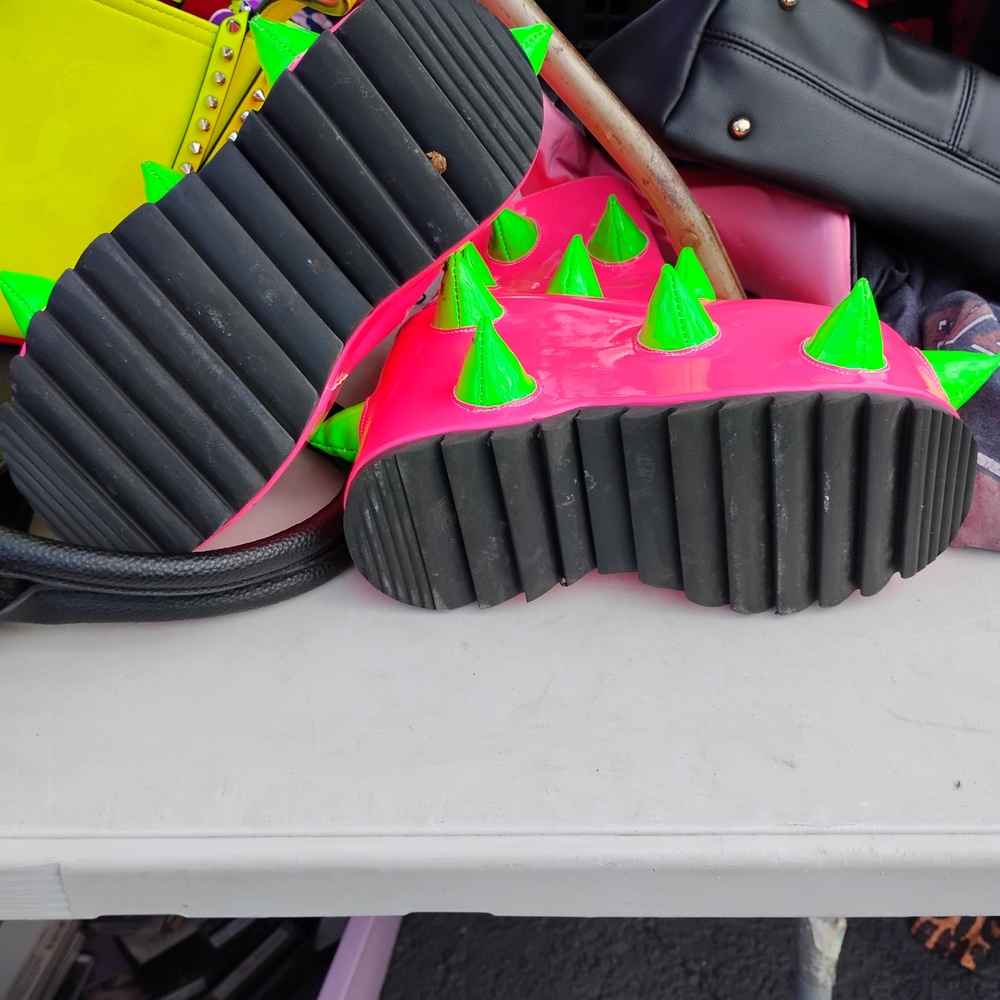 Demonia Neon Pink and Green Spiked Platforms